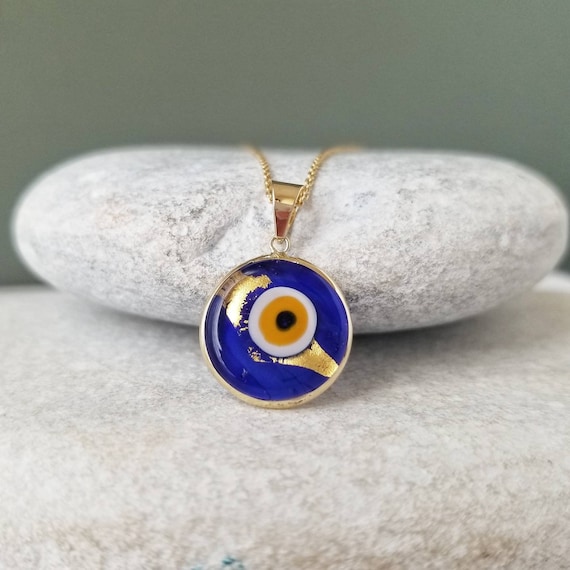 14K Gold Greek Evil Eye Pendant.solid Yellow Gold.blue Eye.black or Beige  Leather Cord With Silver Gold Plated Clasp.protection & Luck Charm 