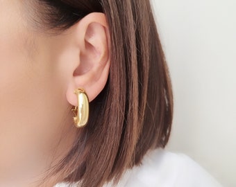 14K Yellow Solid Gold Chic Oval Hoop Thick Earrings.Minimalist Hoop Earrings. 7.80mm Thin Gold Hoops. Hollow Inside