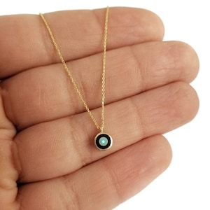 14K Round Greek Evil Eye Necklace Pendant. 14K Yellow Solid Gold. Black and Light Blue Green Enamel. Good Luck and Protection Charm
