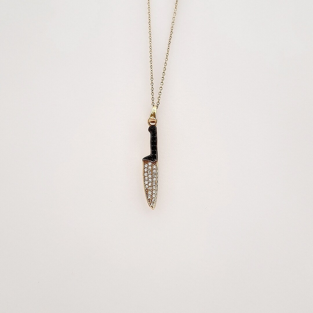14K Gold Chef Knife Pendant. 14K Yellow Solid Gold. White Black Cubic