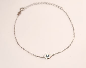 Silver Greek Evil Eye Turquoise and White Enamel Chain Bracelet. 925 Sterling Silver or Gold Plated. Good Luck and Protection Jewelry.