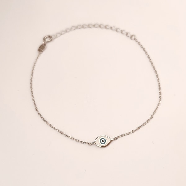 Sterling Silver Greek Evil Eye Bracelet: Turquoise Enamel Chain, Good Luck Jewelry