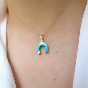 14K Solid Yellow Gold Horseshoe Pendant – Synthetic Turquoise Necklace – Lucky Charm Jewelry – Gold Equestrian Gift – Boho Style