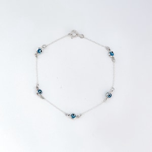 Five Blue Tiny Greek Evil Eye Chain Bracelet. 925 Sterling Silver. Good Luck and Protection Jewelry.