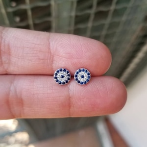 Round Evil Eye Earrings Studs. 925 Sterling Silver.Dark Blue and WhiteZirconia.Butterfly Clasps. Good Luck and Protection Jewelry.