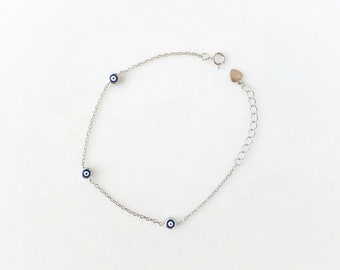 Tiny Dark Blue Triple Greek Evil Eye Enamel Chain Bracelet. 925 Sterling Silver. Good Luck and Protection Jewelry.