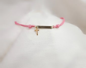 Hand Engraved Gold Kids Tag Bracelet. Cross Charm. Choose 9K or 14K Yellow Solid Gold. Pink Adjustable Cord Bracelet.Kids/Babies Bracelet