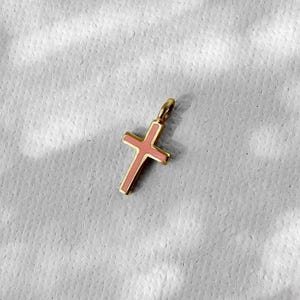 14K Tiny Cross Pendant. 14K Yellow Solid Gold. Pink Enamel. Christian Pendant.