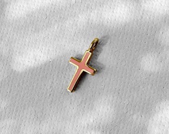 14K Tiny Cross Pendant. 14K Yellow Solid Gold. Pink Enamel. Christian Pendant.