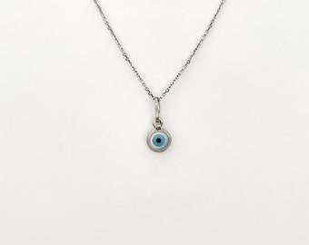 Silver Greek Evil Eye Pendant. 925 Sterling Silver. Mother of Pearls Eye. Good Luck and Protection Charm.