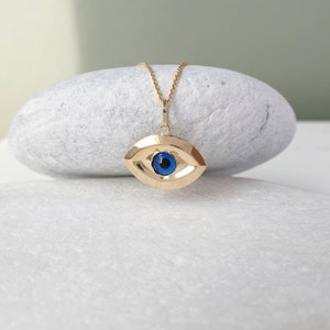 14K Gold Greek Evil Eye Thin Pendant. 14K Yellow Solid Gold.Blue Murano. Protection and Good Luck Charm