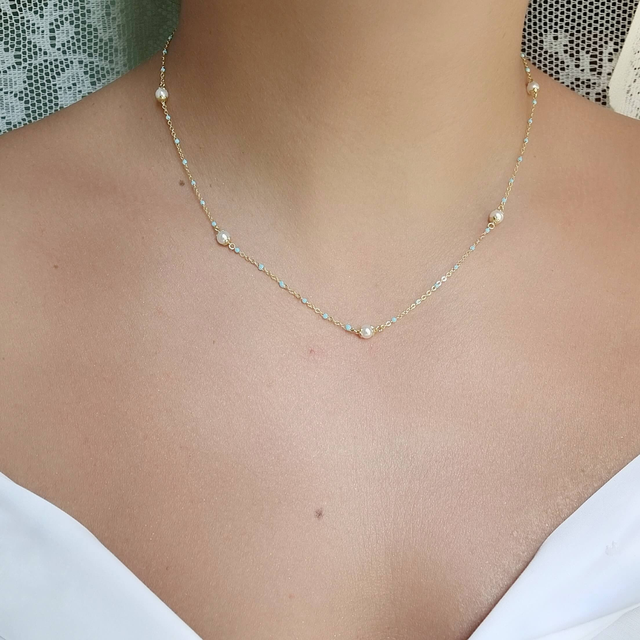 Pearls and Turquoise Beads Chain Necklace. 925 Sterling