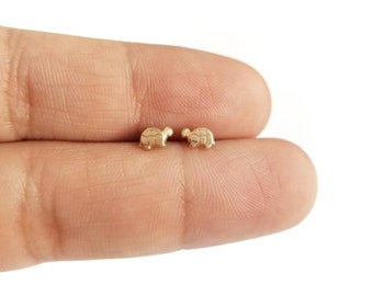 14K Tiny Turtle Stud Earrings. 14K Yellow Solid Gold. Butterfly 14K gold clasps in Silocone.