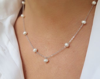 Pearls Chain  Necklace. 925 Sterling Silver Necklace. 925 Sterling Silver Necklace.