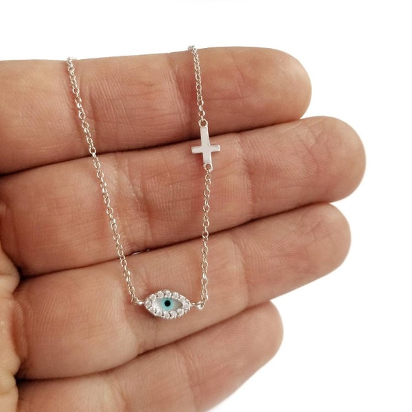 14K Greek Evil Eye Zirconia Cross Chain Bracelet. 14K White Solid Gold. White Cubic Zirconia. Good Luck and Protection Bracelet.