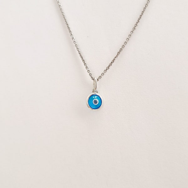 Silver Small Blue Greek Evil Eye pendant. 925 Sterling Silver . Blue Murano Eye. Good luck and Protection charm.