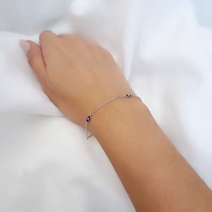 Dark Blue Triple Super Tiny Greek Evil Eye Enamel Chain Bracelet. 925 Sterling Silver. Good Luck and Protection Jewelry.