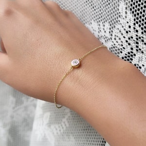 14K Pink Greek Evil Eye Enamel Chain Bracelet. 14K Yellow Solid Gold. Good Luck and Protection Jewelry.