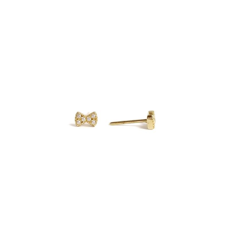 Butterfly 14K gold clasps 14K Tiny Bow Stud Earrings 14K Yellow Solid Gold and White Cubic Zirconia