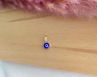 14K Tiny Gold Dark Blue Greek Evil Eye pendant.14K Solid Yellow Gold.Lapis Blue Eye. Good luck and Protection charm.