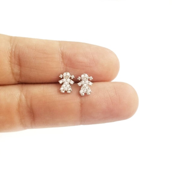 14K White Gold Cute Girl Stud Earrings. 14K Solid White Gold