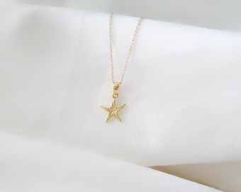 14K Yellow Solid Gold Starfish Pendant. Sea Star Charm. Summer Charm Pendant. Beautiful Gold Details.