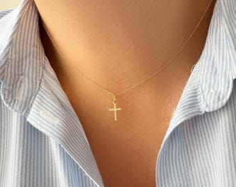 14K or 9K Small Thin Solid Yellow Gold Jesus Cross Pendant Crucifix.Christian Pendant