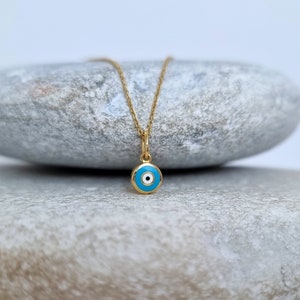 14K Gold Tiny Greek Evil Eye Pendant. 14K Yellow Solid Gold. Turquoise Enamel Evil Eye. Protection and Good Luck Charm