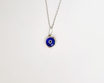 Silver Dark Blue Greek Evil Eye Two Sided Pendant. 925 Sterling Silver or Gold Plated Blue Murano Evil Eye.Good Luck and Protection Charm