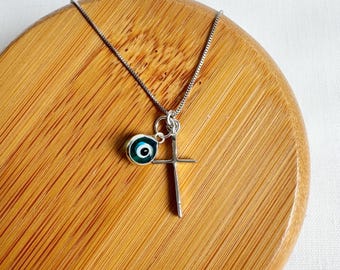 Sterling Silver Greek Evil Eye Cross Pendant Necklace: Greek Amulet