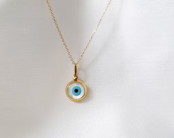 14K Solid Gold Greek Evil Eye Pendant: Mother of Pearl Good Luck Protection Charm