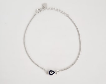 Teardrop Evil Eye Bracelet: 925 Sterling Silver, Dark Blue Enamel