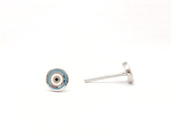 Turquoise White Evil Eye Earrings Studs. 925 Sterling Silver. Round Evil Eye.Butterfly Clasps