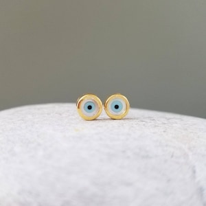 Mother of Pearls Evil Eye Earrings Studs. 925 Sterling Silver or Gold Plated. Round Evil Eye.Butterfly Clasps