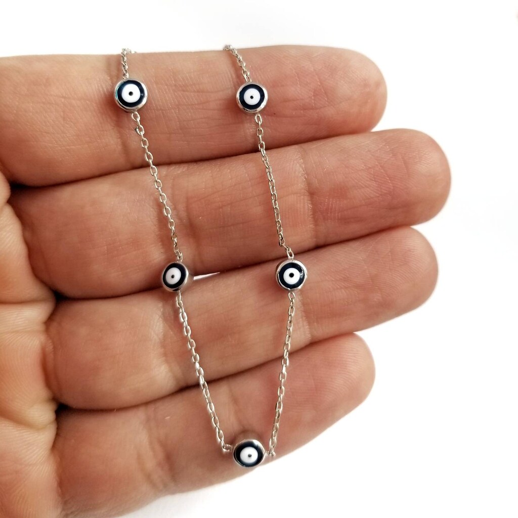 Bracciale Cavigliera Con Occhio Malvagio In Argento 925, Regolabile 22.9 + 5 Cm, Zirconi Blu, Portafortuna
