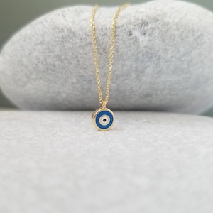 14K Dark Blue Greek Evil Eye Necklace Pendant. 14K Yellow Solid Gold. Dark Blue and White Enamel. Good Luck and Protection Charm