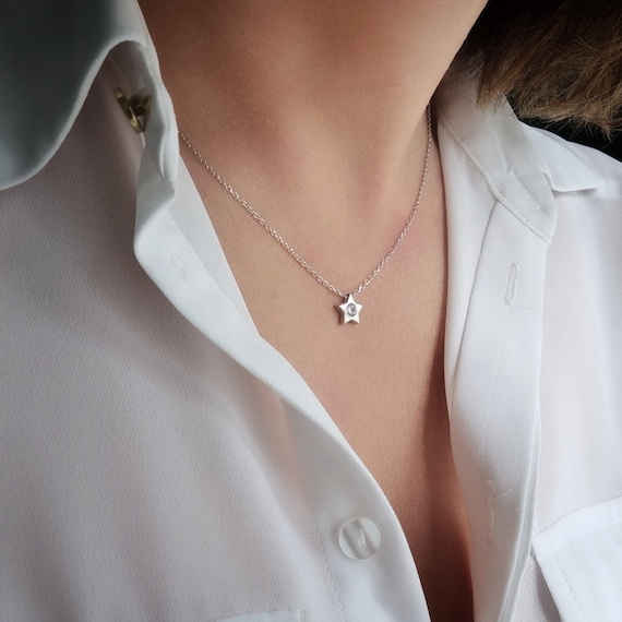 Silver Star Cubic Zirconia Pendant Chain Necklace. 925 Sterling
