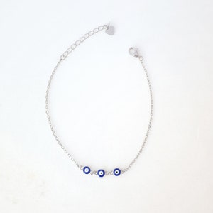 Tiny Dark Blue Triple Greek Evil Eye Enamel Chain Bracelet. 925 Sterling Silver. Good Luck and Protection Jewelry.