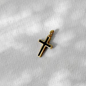 14K Tiny Cross Pendant. 14K Yellow Solid Gold. Black Enamel.