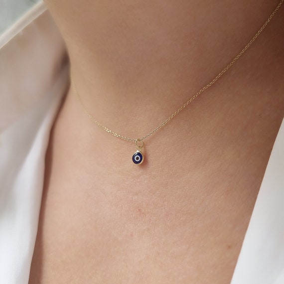 Gold Plated Silver Dark Blue Evil Eye Pendant - Good Luck Protection Charm.Tiny Hoop