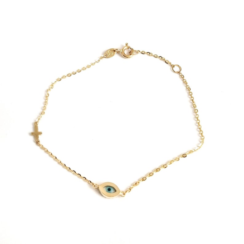 Greek Evil Eye Mother of Pearls /& Zirconia Cross Chain Bracelet.14K Yellow Solid Gold.White Cubic Zirconia.Good Luck and Protection Jewelry.