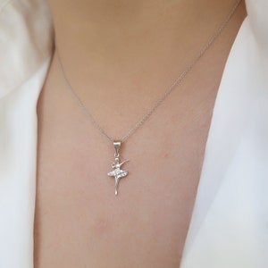Silver Ballerina Ballet Pendant Chain Necklace. 925 Sterling Silver White Cubic Zirconia. 925 Sterling Silver Gold Plated Necklace.