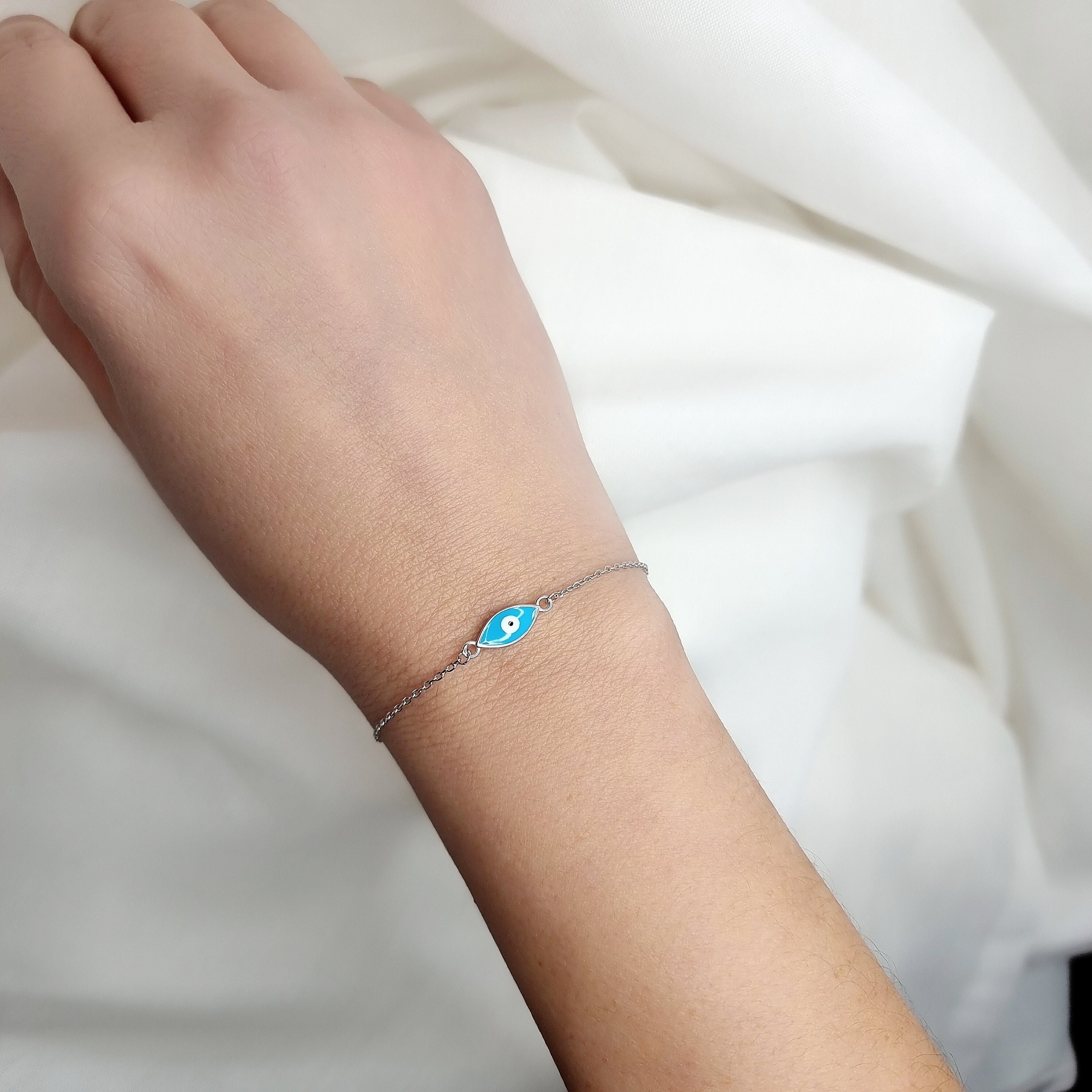 Sterling Silver Greek Evil Eye Bracelet: Turquoise Enamel Chain