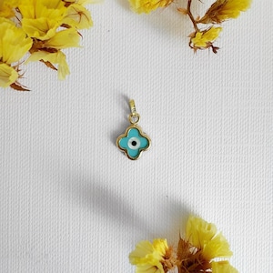 14K Gold Turquoise Cross Shape Greek Evil Eye Pendant. 14K Solid Yellow Gold. Turquoise Eye. Good Luck and Protection Charm.