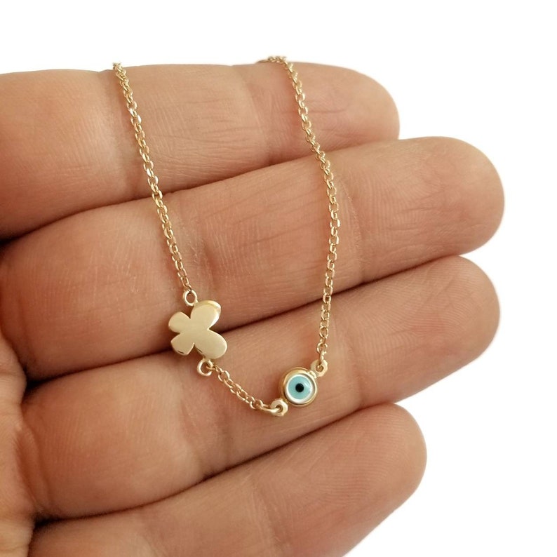 14K Greek Evil Eye /& Butterfly Charms in Chain Bracelet.14K Yellow Solid Gold.Good Luck and Protection Jewelry.