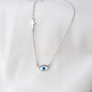 Silver Greek Evil Eye Cross Pendant Chain Necklace. 925 Sterling Silver. Mother of Pearls Evil Eye. 925 Sterling Silver Necklace.