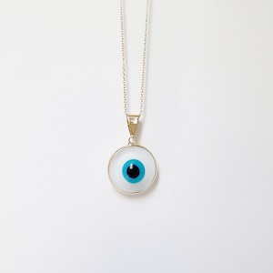 14K Gold Greek Evil Eye Pendant. 14K Yellow Solid Gold.Glass White Evil Eye. Protection and Good Luck Charm
