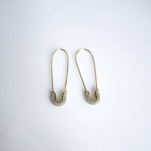 Safety Pin Brooch Earrings. 925 Sterling Silver Gold Plated Earrings. White Cubic Zirconia. image 2
