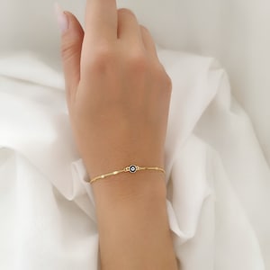 Two sided Greek Evil Eye Dark Blue and White Enamel Chain Bracelet. 925 Sterling Silver Gold Plated. Good Luck and Protection Jewelry.