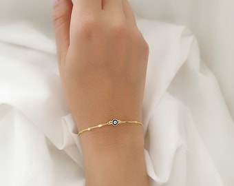 Two sided Greek Evil Eye Dark Blue and White Enamel Chain Bracelet. 925 Sterling Silver Gold Plated. Good Luck and Protection Jewelry.
